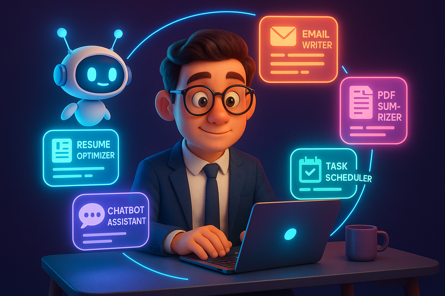 AI Automation Toolkit - Professional working with holographic AI tools including Resume Optimizer, Email Writer, PDF Summarizer, Task Scheduler, and Chatbot Assistant with friendly AI robot companion
