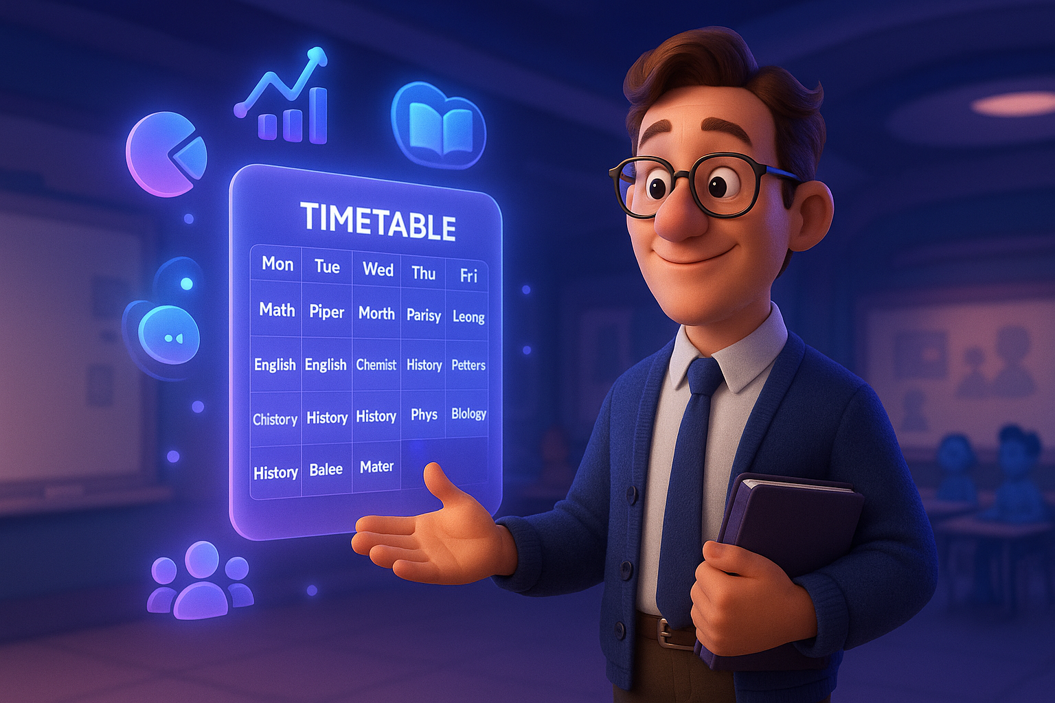 AI-Generated Timetable Interface - Professional educator presenting holographic weekly schedule with subjects like Math, English, Chemistry, History