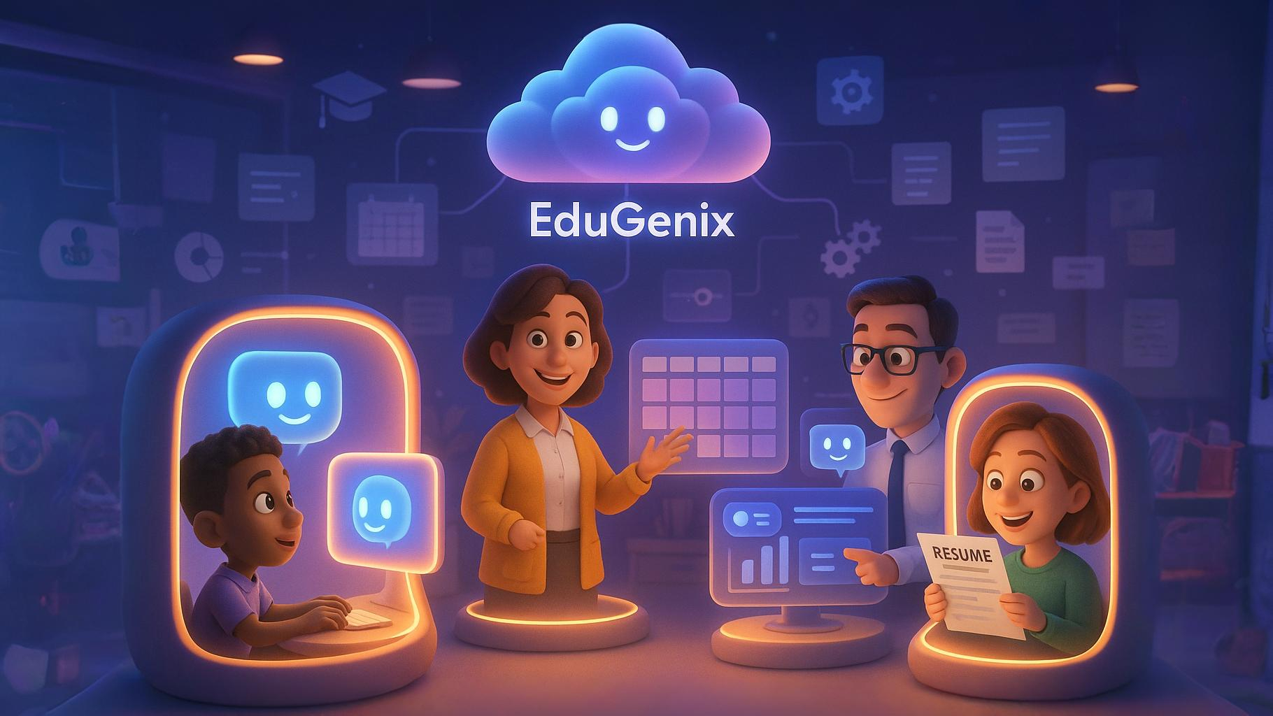 EduGenix AI Learning Platform - Diverse students, teachers and professionals learning AI with friendly cloud mascot, holographic interfaces showing chatbots, dashboards, and resume tools