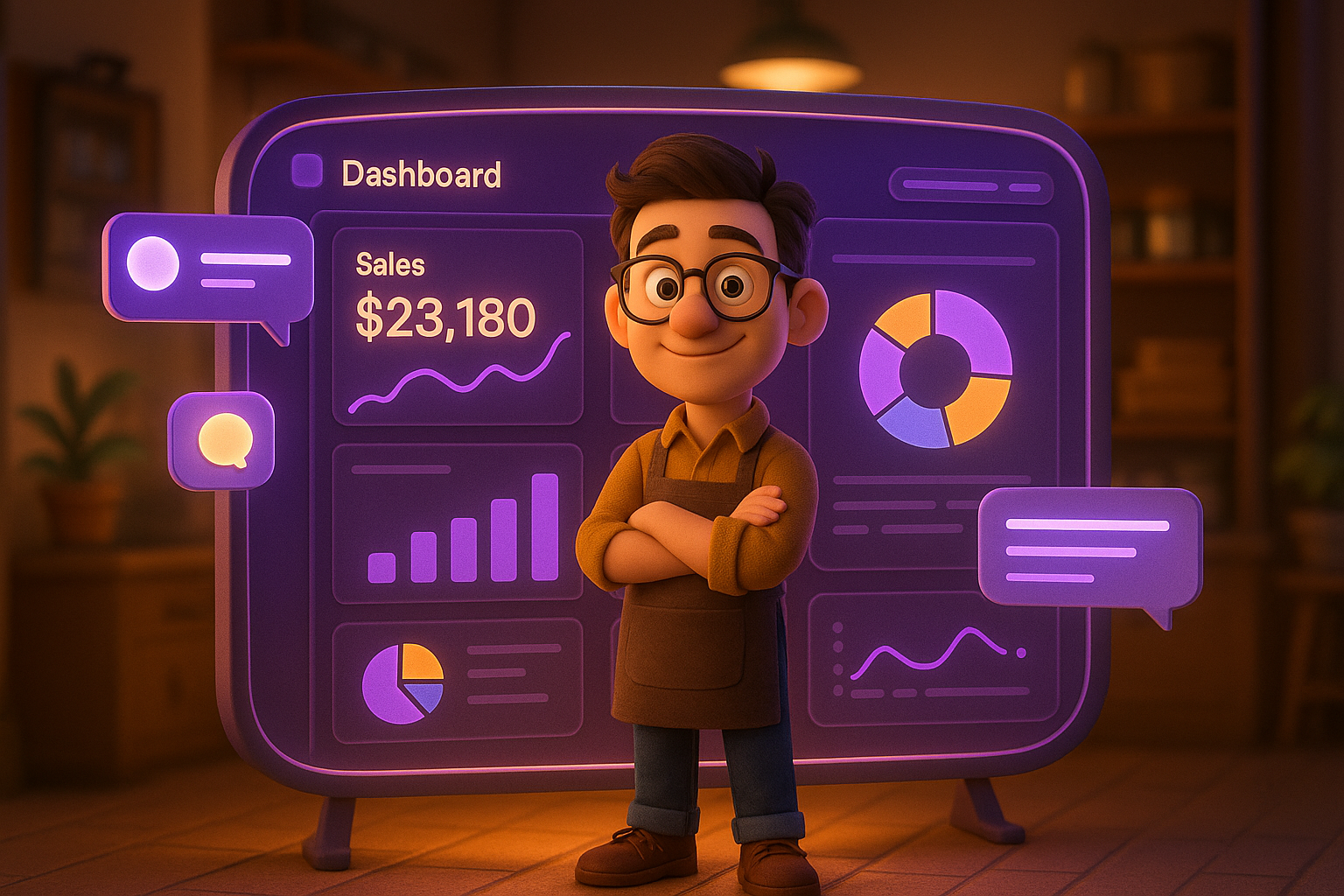 Power BI Business Dashboard - Professional analyst presenting holographic analytics interface with sales data $23,180, charts, graphs, and business metrics