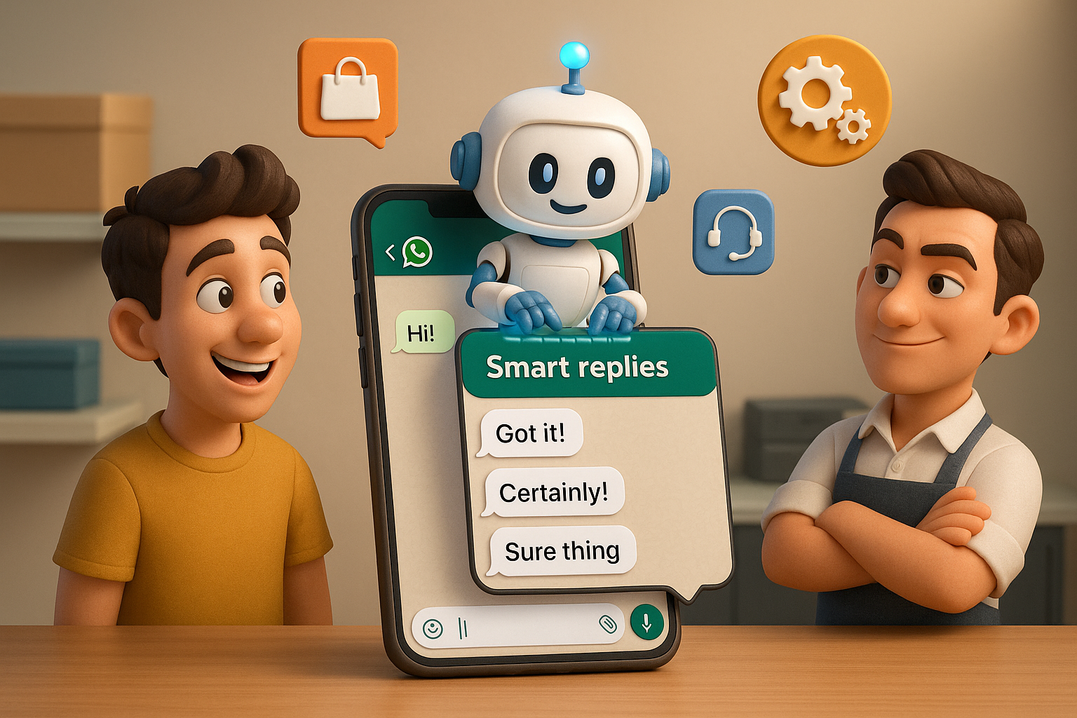 WhatsApp Business Chatbot - Friendly AI robot providing smart automated replies to customers with options like 'Got it!', 'Certainly!', 'Sure thing' in WhatsApp interface